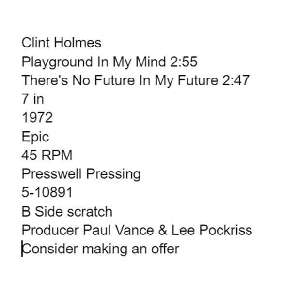 Clint Holmes Playground In My Mind/There's No Future In My Future 7" Vinyl - Picture 2 of 8